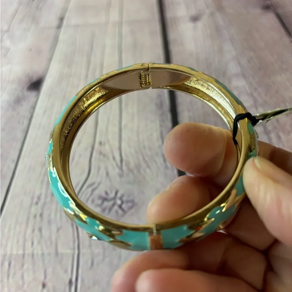 NWT Sequin for Nordstrom Turquoise Gold Color Enamel Hinged Bangle Bracelet